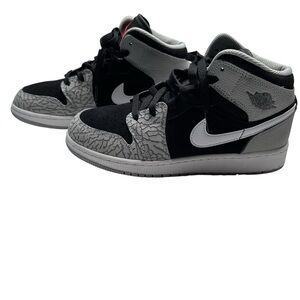 Boy's Jordan 1 Mid Gray/Black/Red Elephant Print Sneakers Size 6